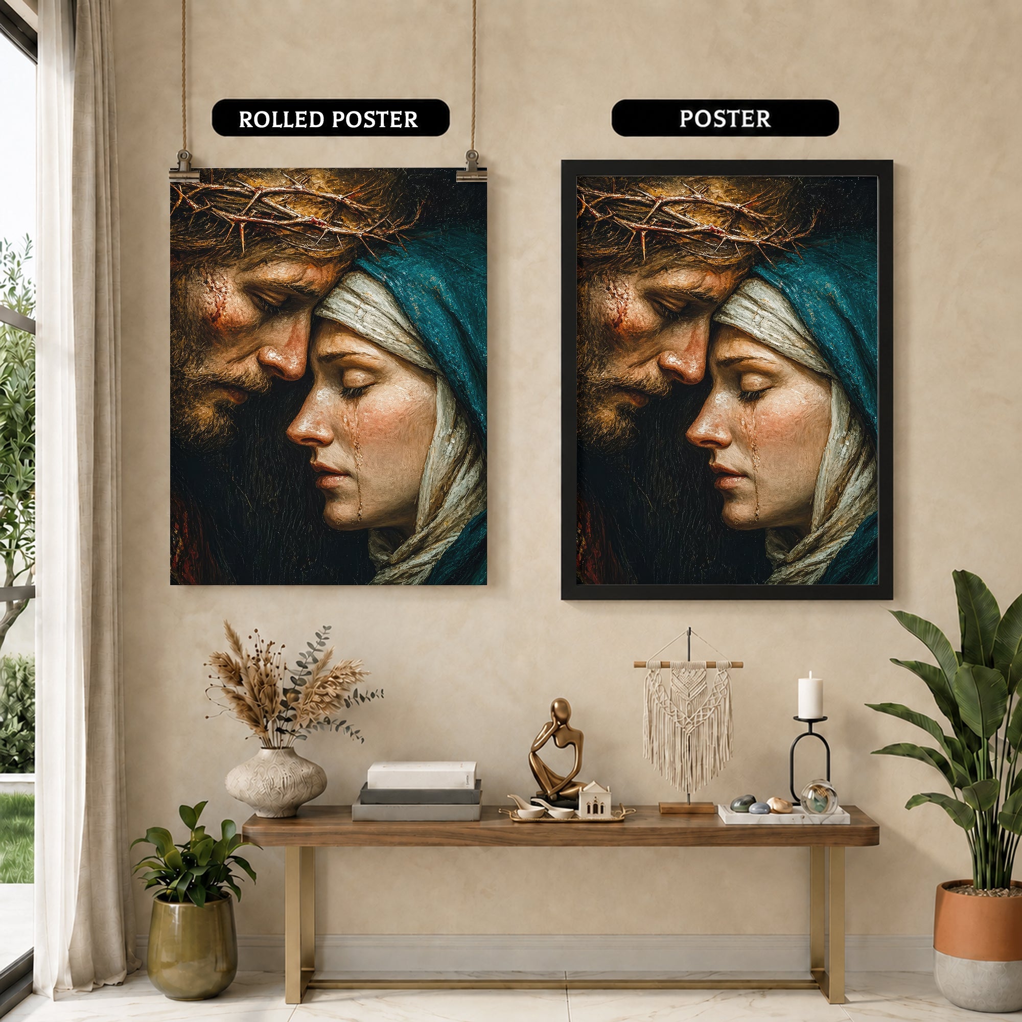 Jesus & Mary Sacred Sorrow Wall Art – Crown of Thorns Christian Poster/Canvas