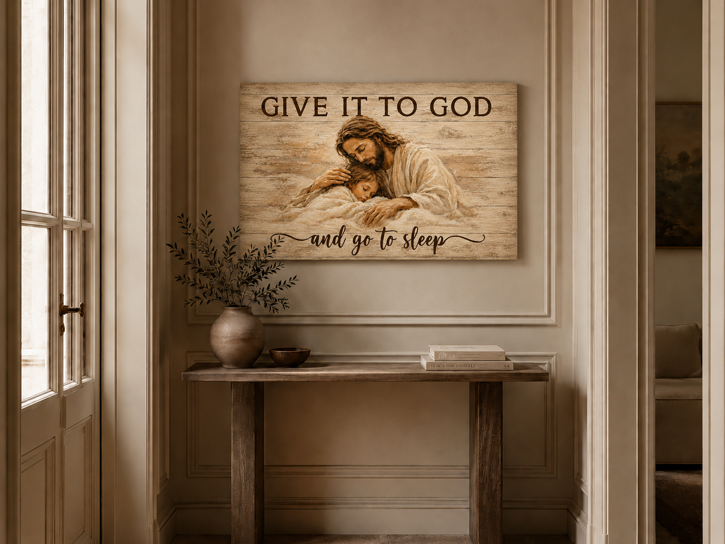 Give It To God And Go To Sleep Christian Wall Art, Jesus Comforting Child Poster/Canvas