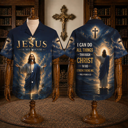 Navy Jesus Is My Savior Hawaiian Shirt – Philippians 4:13 Christian Faith Button-Up