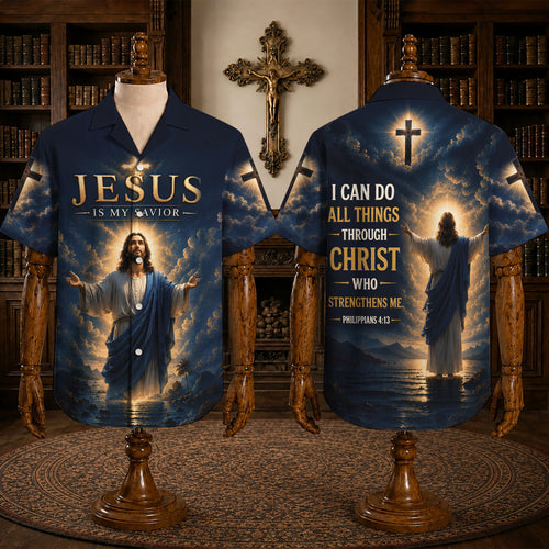 Navy Jesus Is My Savior Hawaiian Shirt – Philippians 4:13 Christian Faith Button-Up