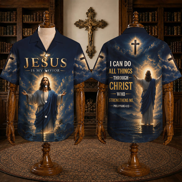Navy Jesus Is My Savior Hawaiian Shirt – Philippians 4:13 Christian Faith Button-Up