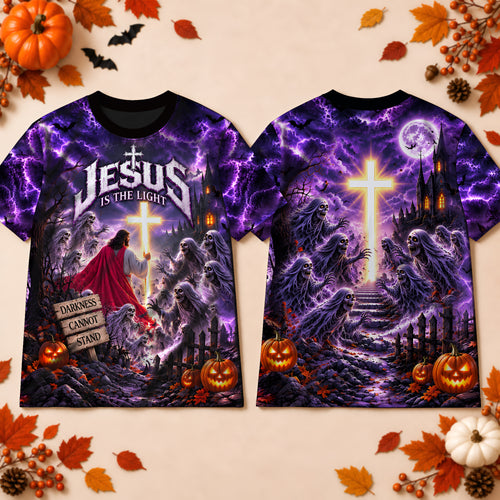 Jesus Is The Light Purple Lightning Halloween Christian 3D T-Shirt