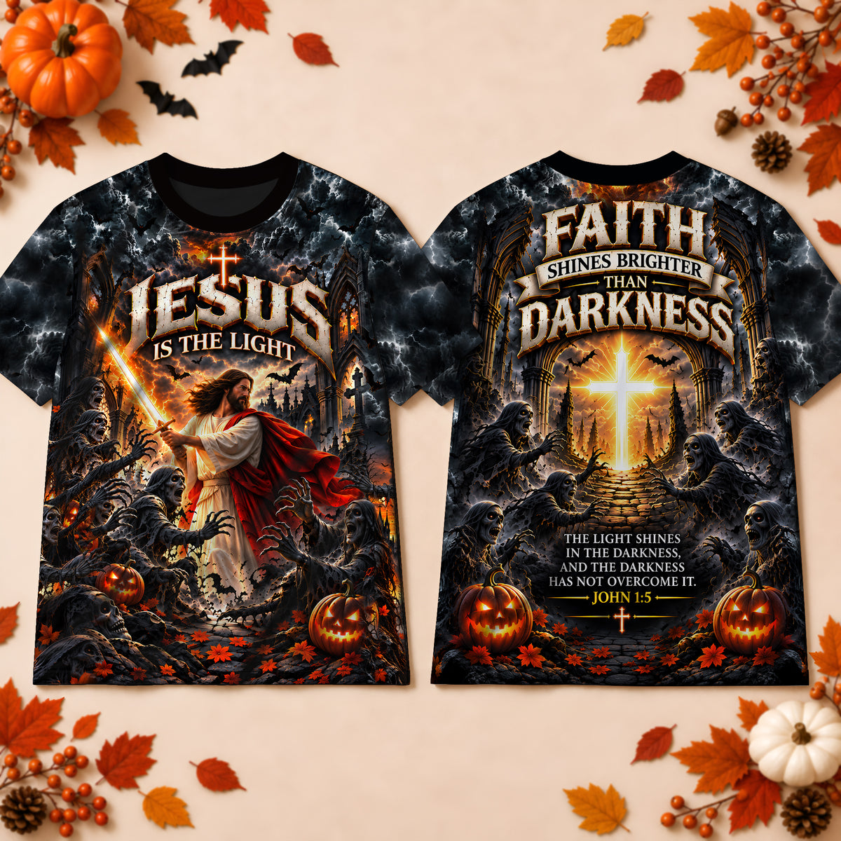 Faith Shines Brighter Than Darkness Jesus Halloween Christian 3D T-Shirt