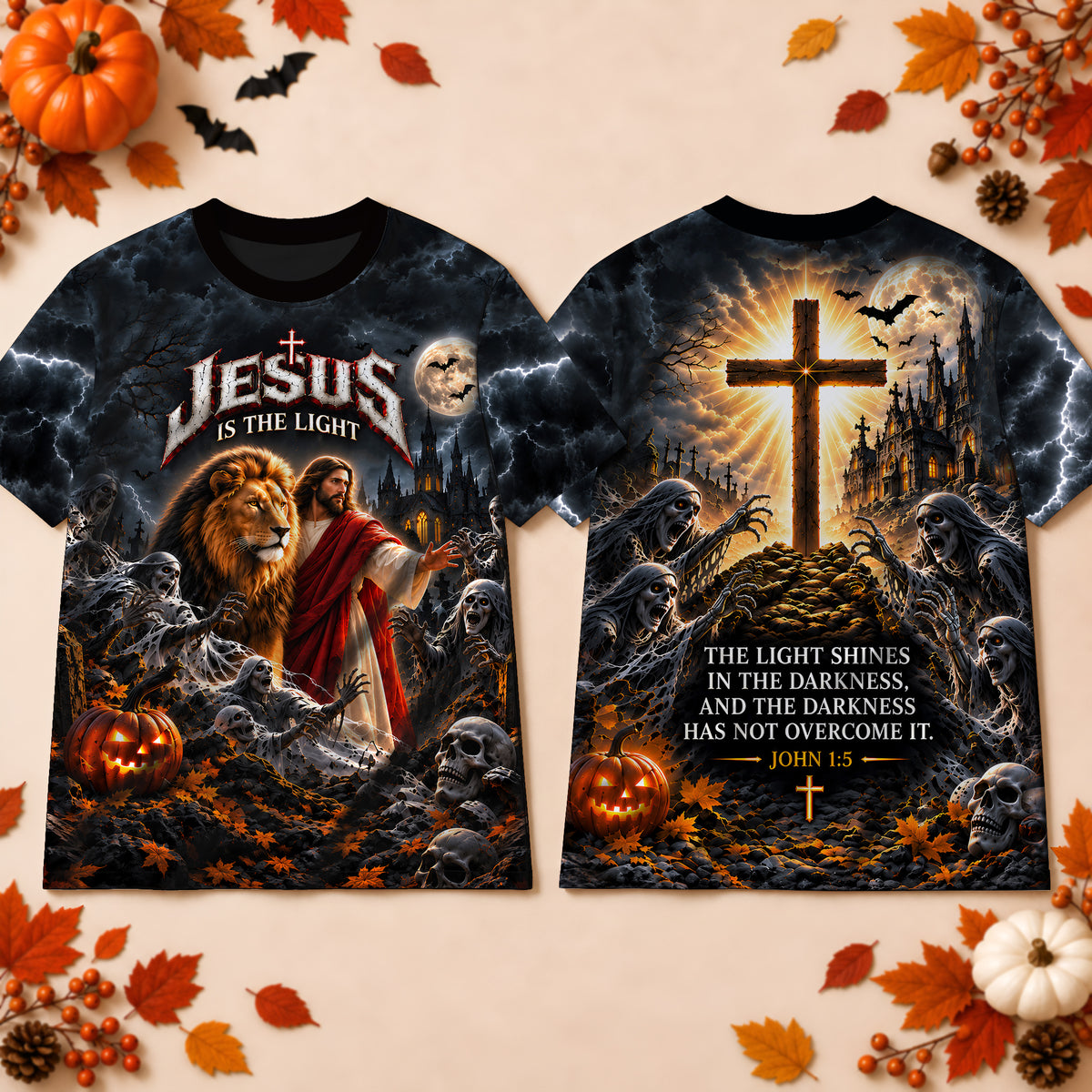 Faith Shines Brighter Than Darkness Jesus Halloween Christian 3D T-Shirt