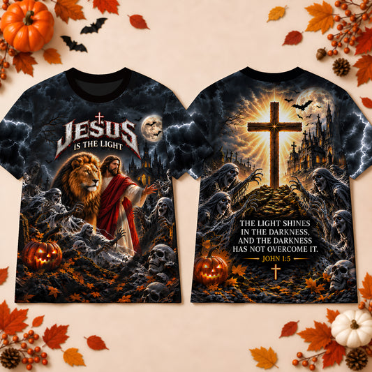 Jesus And Lion Of Judah Is The Light Halloween Christian 3D T-Shirt