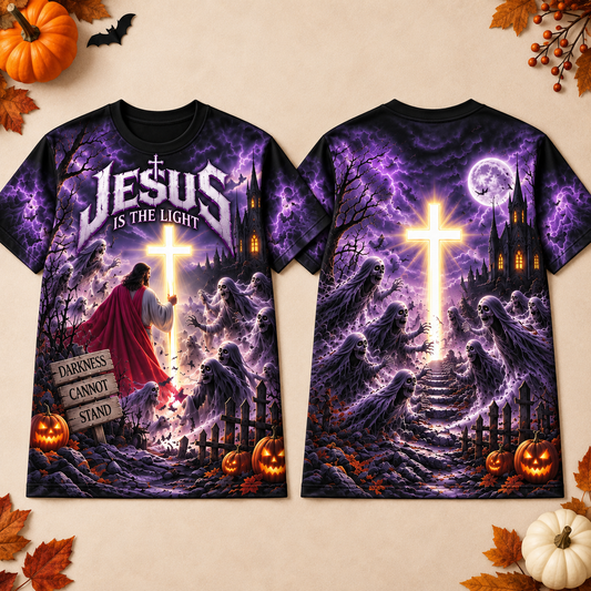 Jesus Is The Light Purple Lightning Halloween Christian 3D T-Shirt