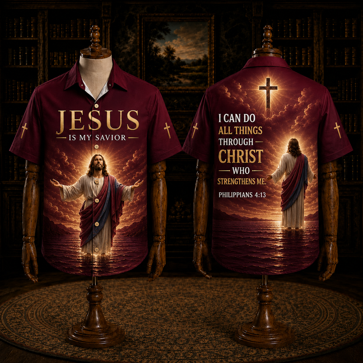 Navy Jesus Is My Savior Hawaiian Shirt – Philippians 4:13 Christian Faith Button-Up