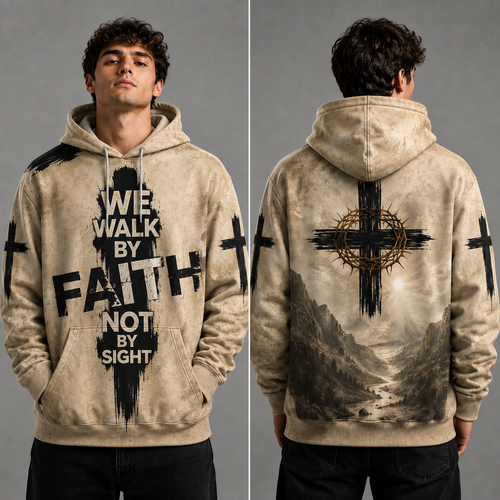 Christian Streetwear Hoodie, Walk By Faith Pullover Sweatshirt with Vintage Cross Graphic Design