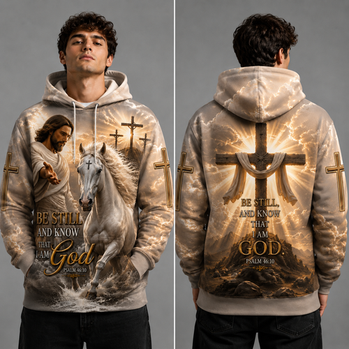 Christian Faith Hoodie, Jesus and White Horse Religious Pullover with Cross and Bible Verse Artwork