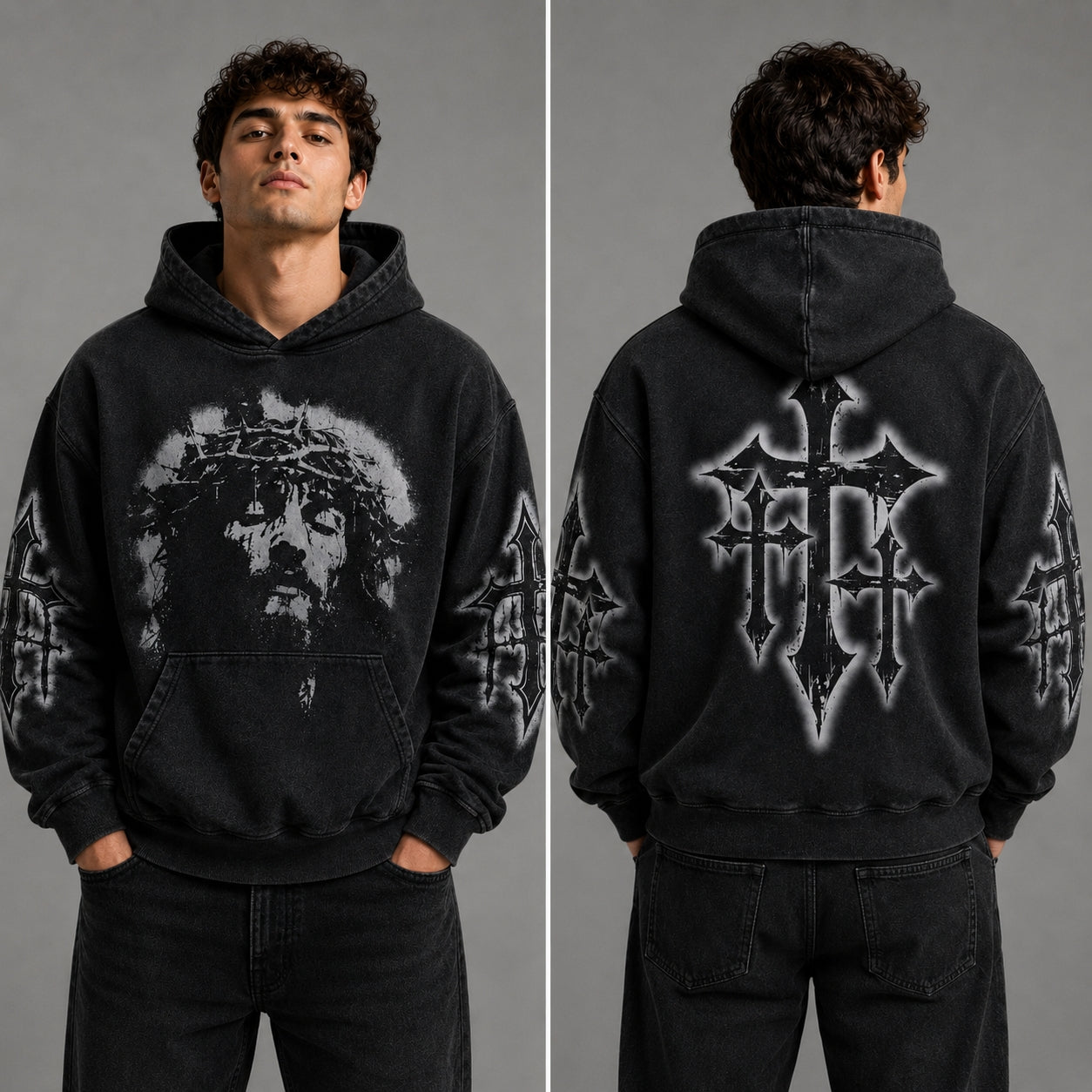 Dark Christian Hoodie, Jesus Cross Graphic Pullover Sweatshirt with Gothic Faith Design