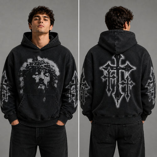 Dark Christian Hoodie, Jesus Cross Graphic Pullover Sweatshirt with Gothic Faith Design