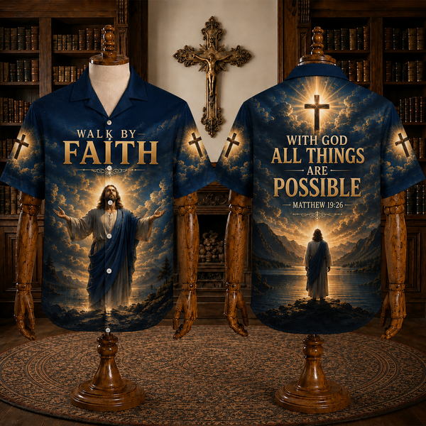 Walk by Faith Jesus Hawaiian Shirt – With God All Things Are Possible Christian Shirt