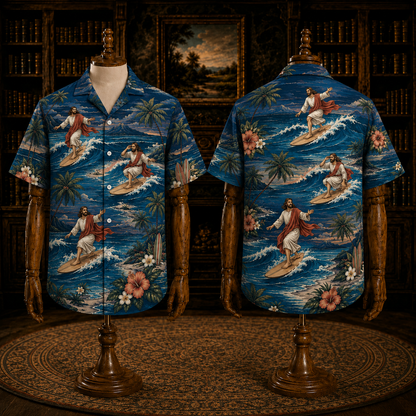 Turquoise Blue Jesus On The Waves Hawaiian Shirt – Christian Ocean Aloha Shirt