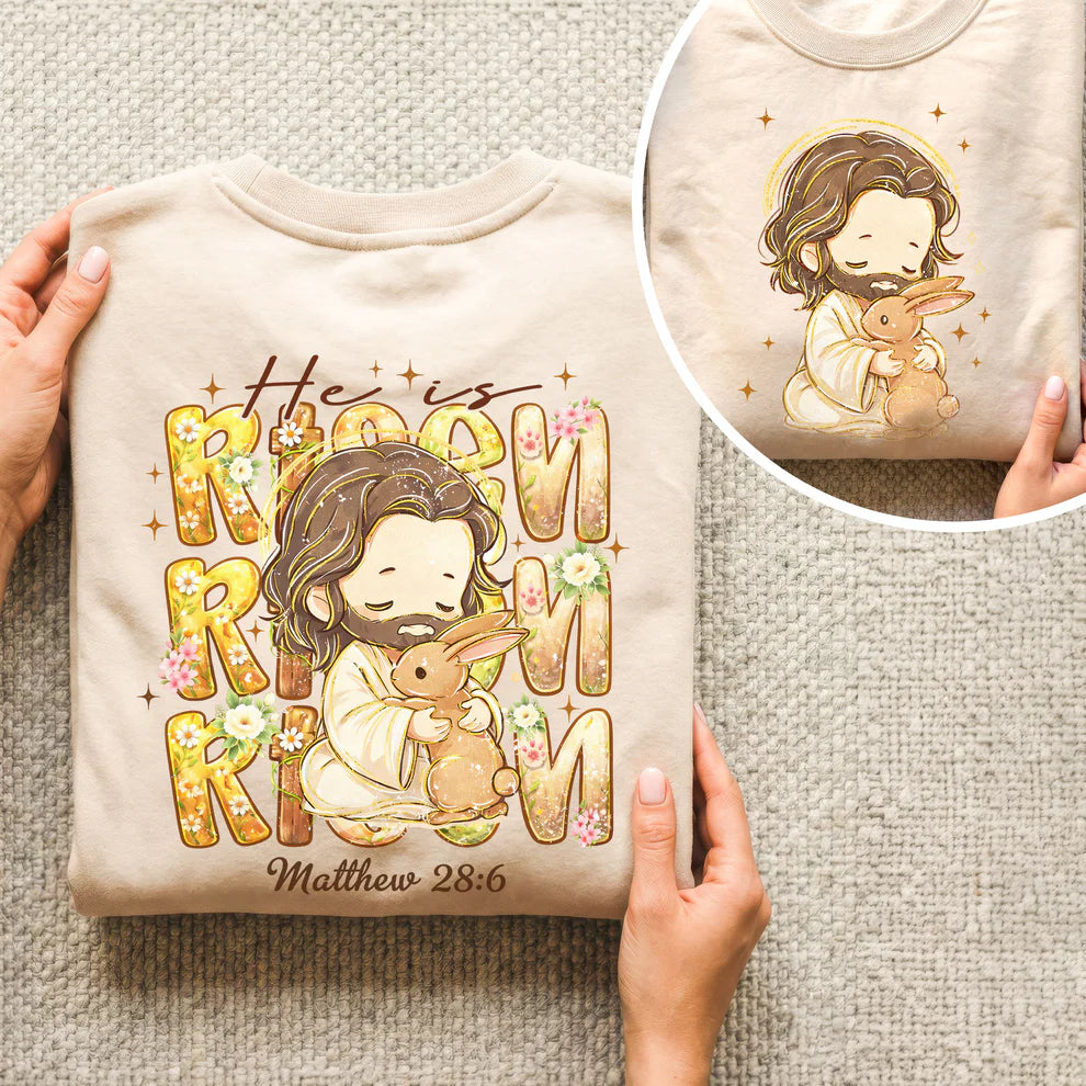 Chibi Jesus And Rabbit Matthew 28:6 - Two Sides - He is Risen - Unisex Tshirt / Hoodie / Sweatshirt