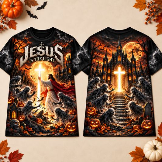 Jesus Is The Light Gothic Cathedral Halloween Christian 3D T-Shirt