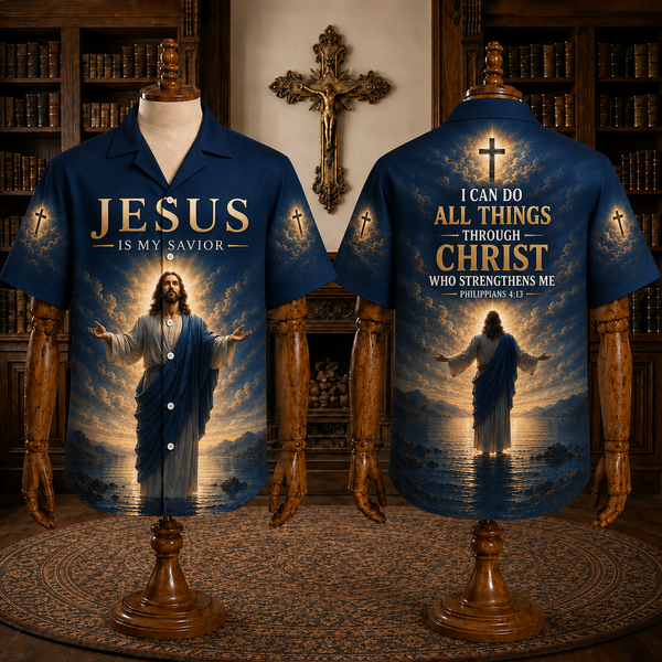 Jesus Is My Savior Philippians 4:13 Men’s Christian Hawaiian Shirt – Navy Blue