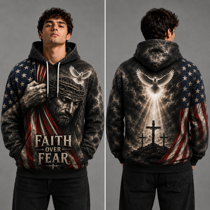 Faith Over Fear Jesus Christian Hoodie – American Flag Cross Religious Hoodie