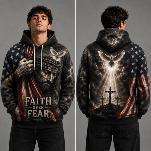 Faith Over Fear Jesus Christian Hoodie – American Flag Cross Religious Hoodie