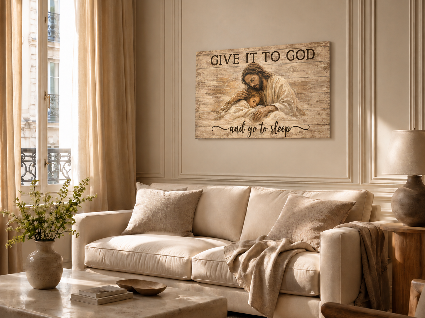 Give It To God And Go To Sleep Christian Wall Art, Jesus Comforting Child Poster/Canvas