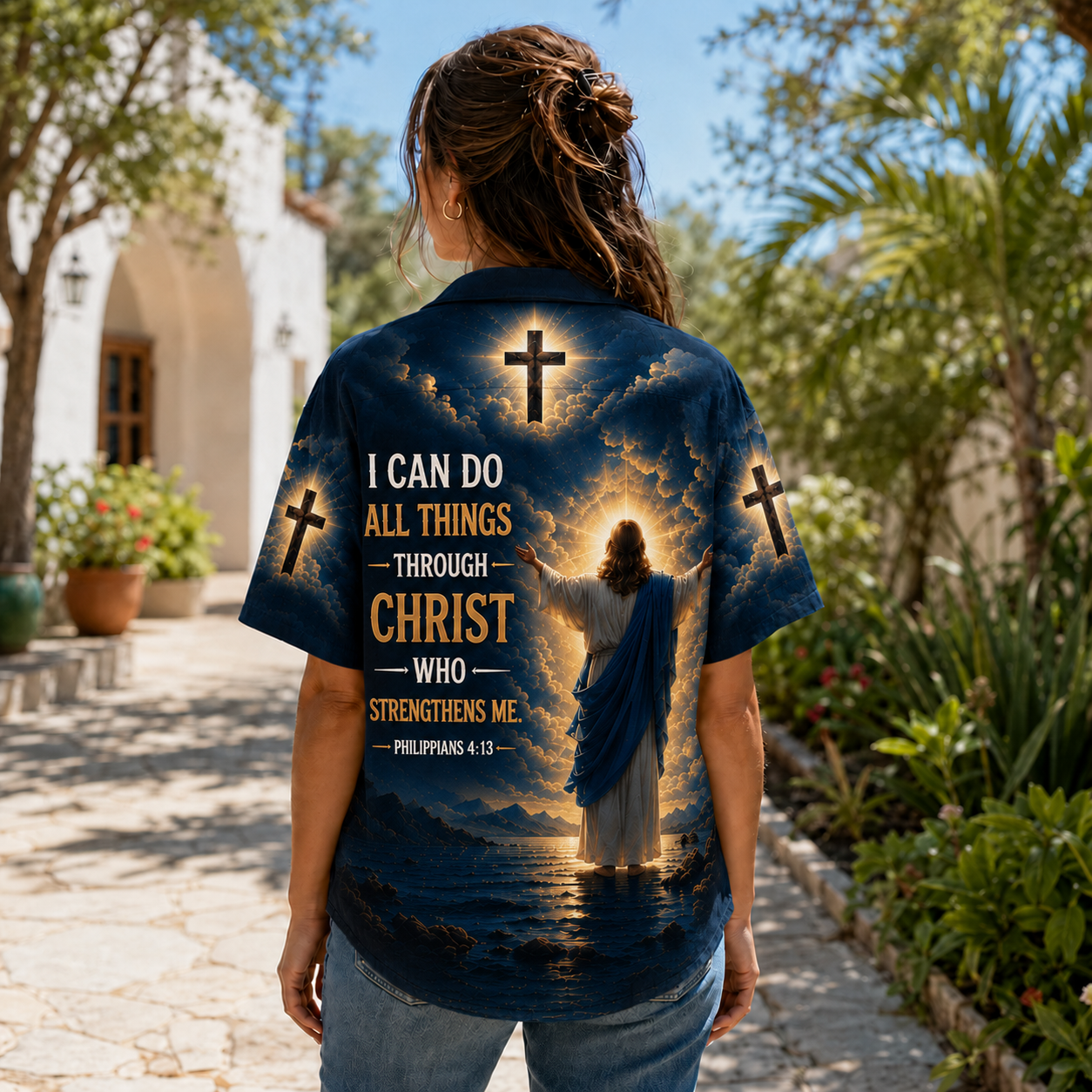 Navy Jesus Is My Savior Hawaiian Shirt – Philippians 4:13 Christian Faith Button-Up