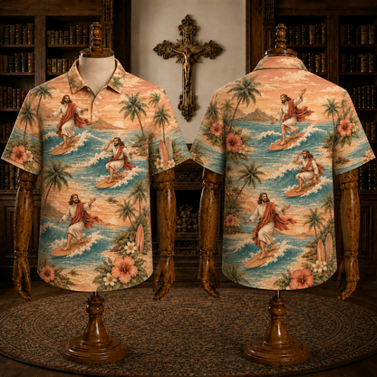 Peach Sunset Jesus Surfing Polo Shirt – Christian Tropical Beach Shirt
