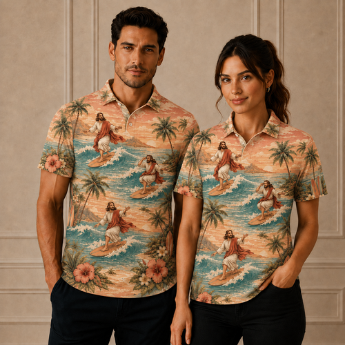 Peach Sunset Jesus Surfing Polo Shirt – Christian Tropical Beach Shirt