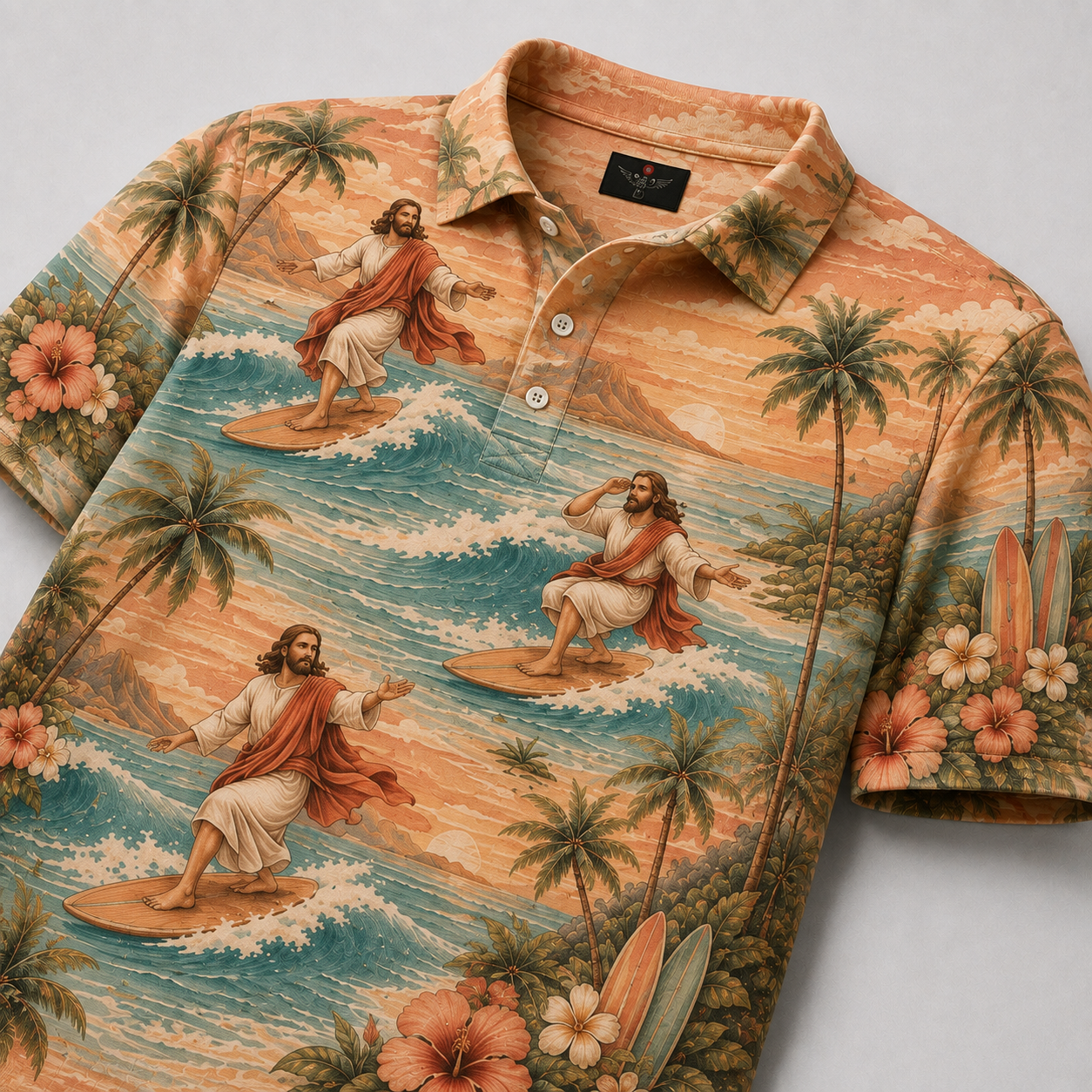 Peach Sunset Jesus Surfing Polo Shirt – Christian Tropical Beach Shirt