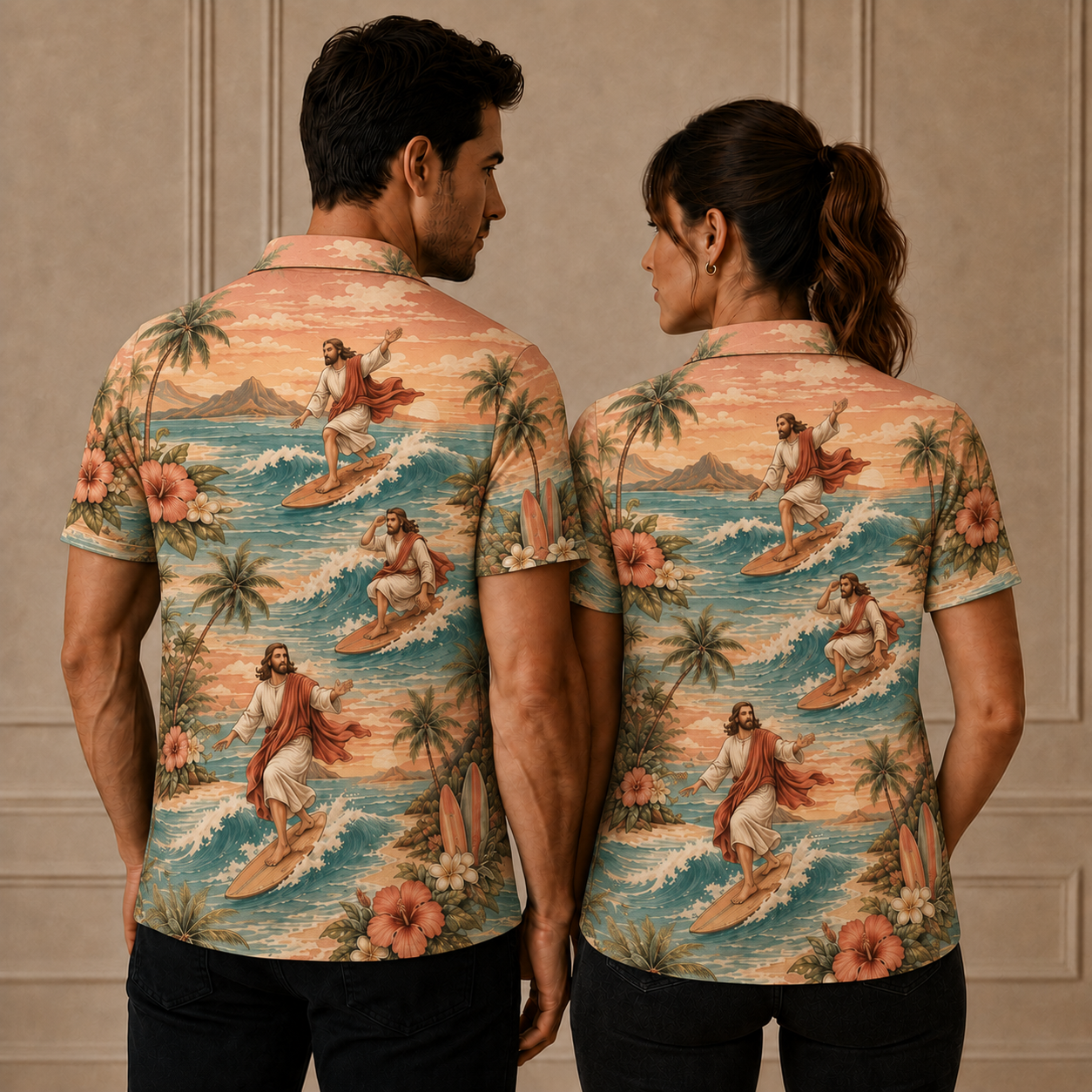 Peach Sunset Jesus Surfing Polo Shirt – Christian Tropical Beach Shirt