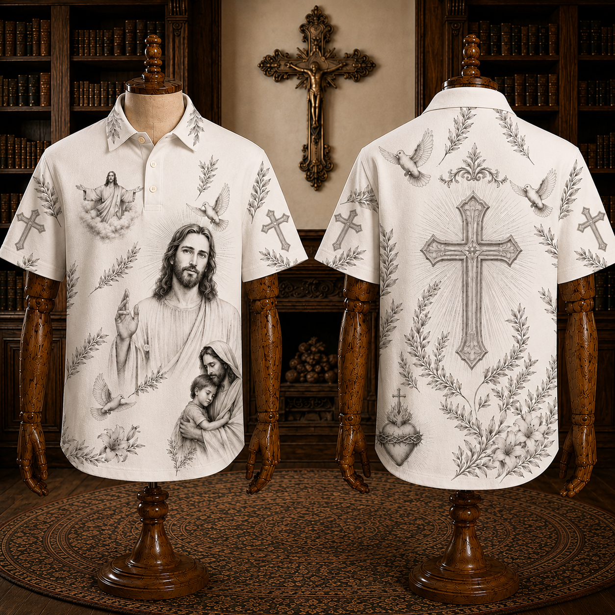 Jesus Christ Shirt for Men, Christian Faith Polo Shirt with Cross Holy Spirit Dove Sacred Heart Artwork, Religious Short Sleeve Button Down Summer Shirt