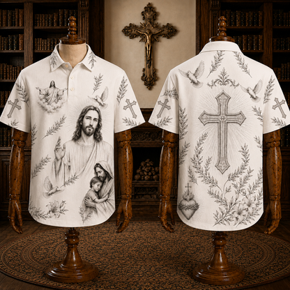 Jesus Christ Shirt for Men, Christian Faith Polo Shirt with Cross Holy Spirit Dove Sacred Heart Artwork, Religious Short Sleeve Button Down Summer Shirt