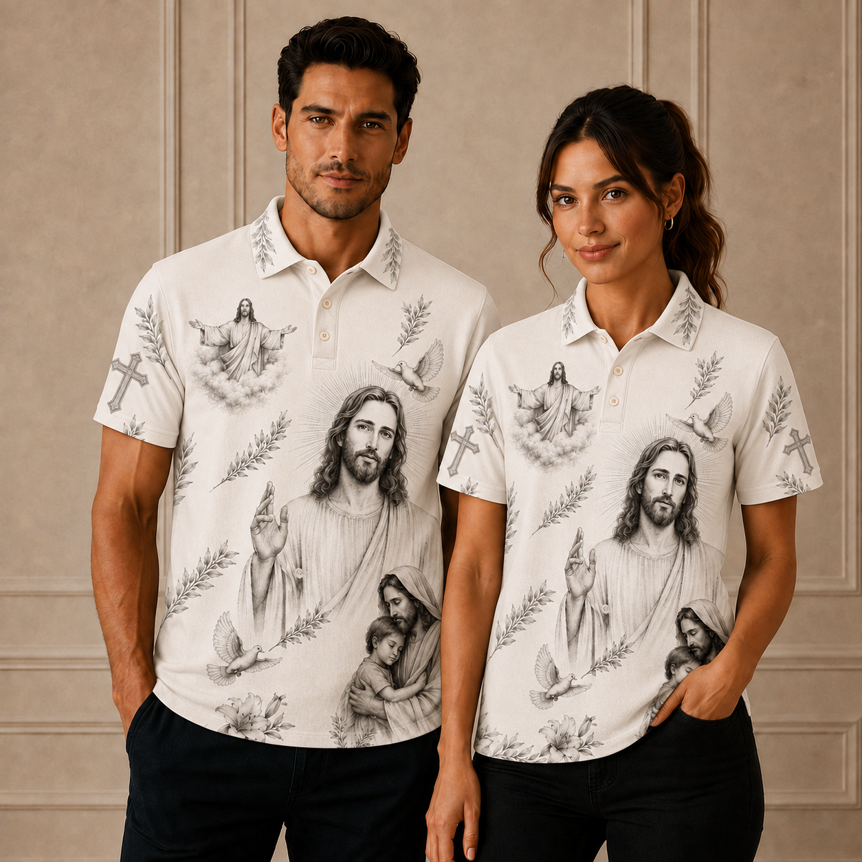 Jesus Christ Shirt for Men, Christian Faith Polo Shirt with Cross Holy Spirit Dove Sacred Heart Artwork, Religious Short Sleeve Button Down Summer Shirt