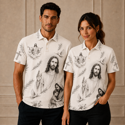 Jesus Christ Shirt for Men, Christian Faith Polo Shirt with Cross Holy Spirit Dove Sacred Heart Artwork, Religious Short Sleeve Button Down Summer Shirt