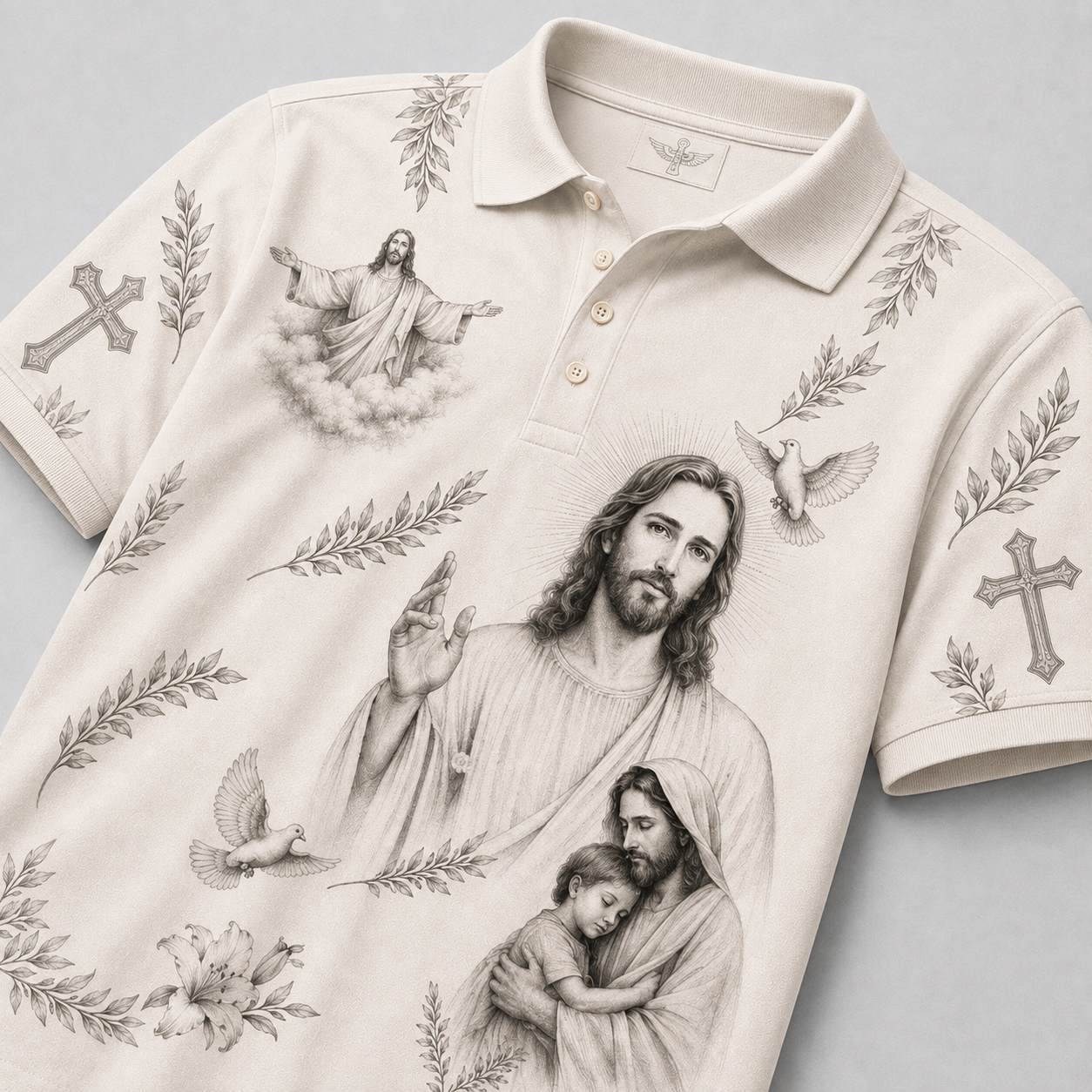 Jesus Christ Shirt for Men, Christian Faith Polo Shirt with Cross Holy Spirit Dove Sacred Heart Artwork, Religious Short Sleeve Button Down Summer Shirt