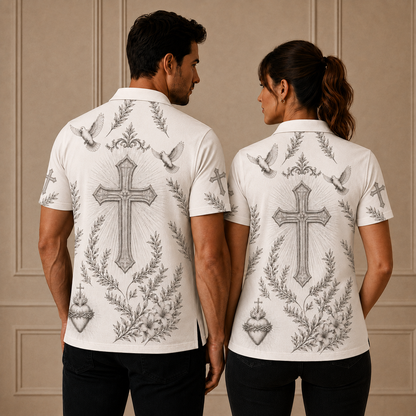 Jesus Christ Shirt for Men, Christian Faith Polo Shirt with Cross Holy Spirit Dove Sacred Heart Artwork, Religious Short Sleeve Button Down Summer Shirt