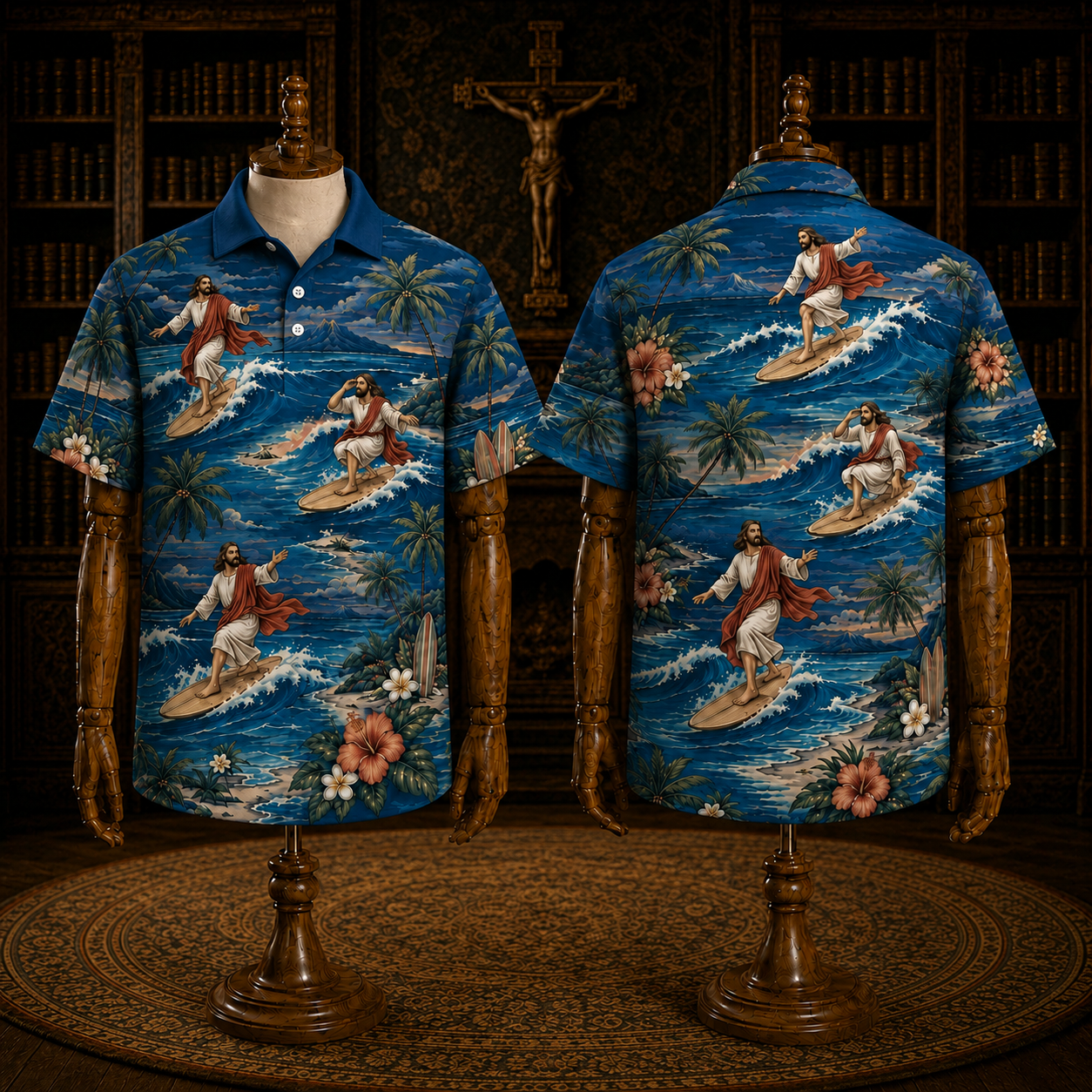 Christian Polo Shirt for Men, Jesus Walking on Water Faith Shirt with Ocean Wave Tropical Beach Print, Religious Short Sleeve Button Down Shirt for Summer Vacation