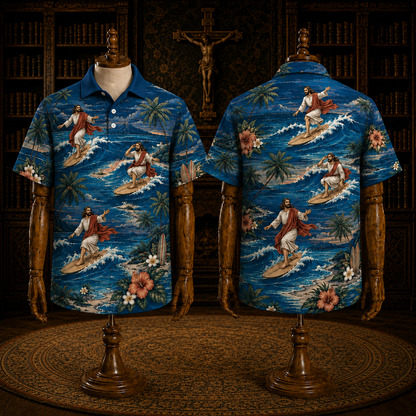 Christian Polo Shirt for Men, Jesus Walking on Water Faith Shirt with Ocean Wave Tropical Beach Print, Religious Short Sleeve Button Down Shirt for Summer Vacation