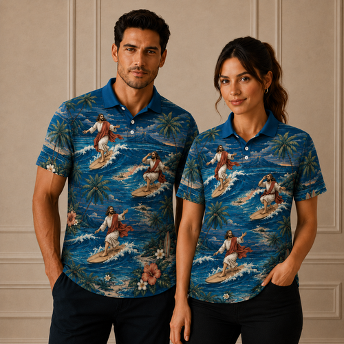 Christian Polo Shirt for Men, Jesus Walking on Water Faith Shirt with Ocean Wave Tropical Beach Print, Religious Short Sleeve Button Down Shirt for Summer Vacation