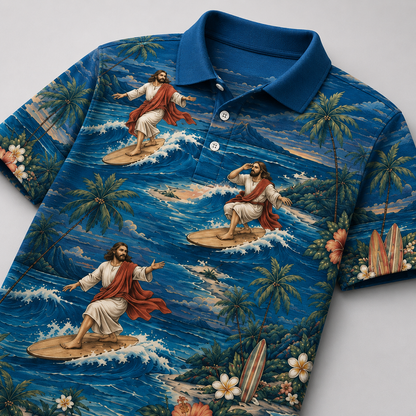 Christian Polo Shirt for Men, Jesus Walking on Water Faith Shirt with Ocean Wave Tropical Beach Print, Religious Short Sleeve Button Down Shirt for Summer Vacation