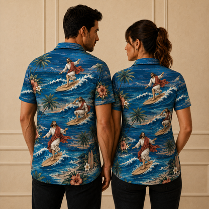 Christian Polo Shirt for Men, Jesus Walking on Water Faith Shirt with Ocean Wave Tropical Beach Print, Religious Short Sleeve Button Down Shirt for Summer Vacation