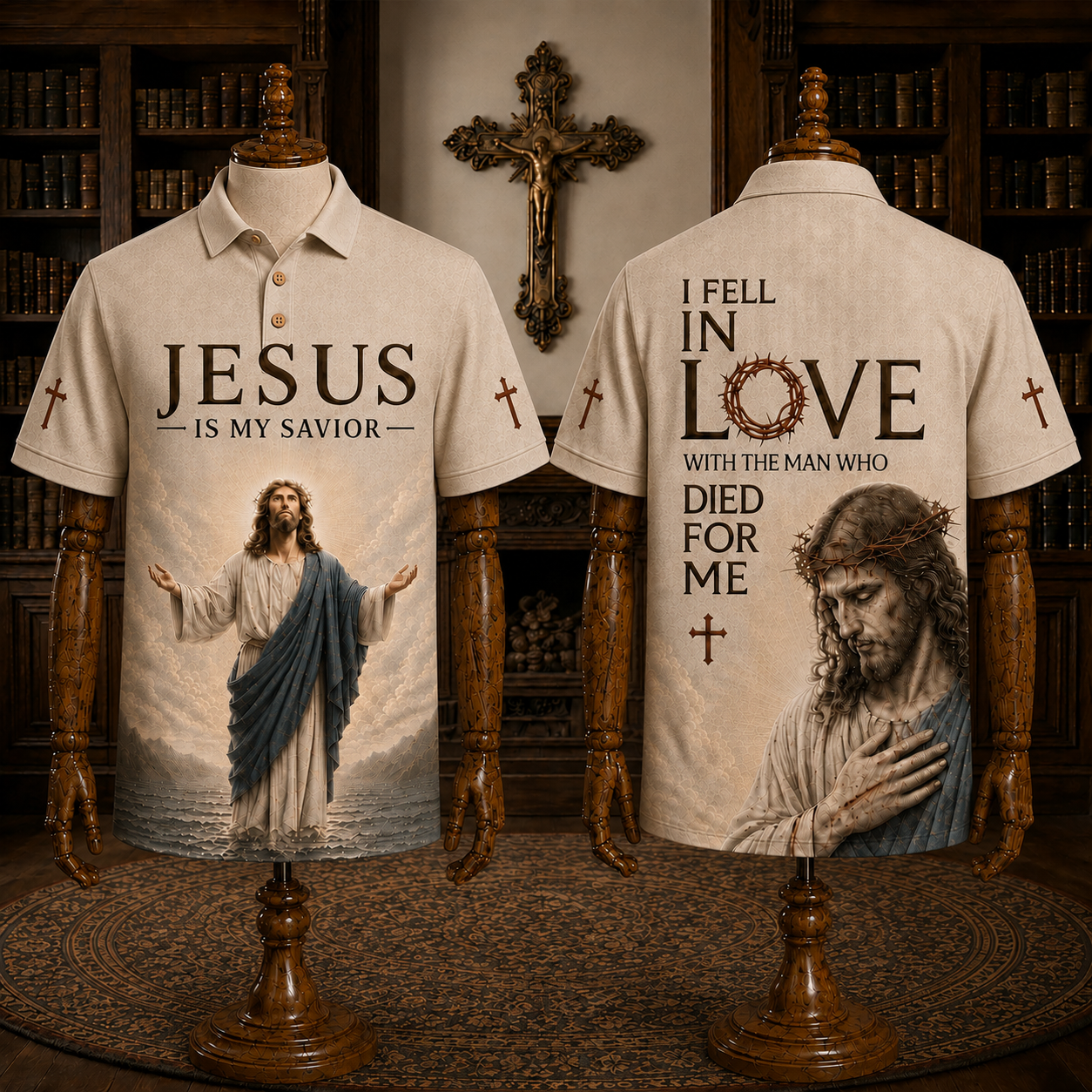 Jesus Is My Savior Christian Polo Shirt, Religious Faith Shirt with Jesus Artwork and Cross Design