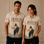 Jesus Is My Savior Christian Polo Shirt, Religious Faith Shirt with Jesus Artwork and Cross Design