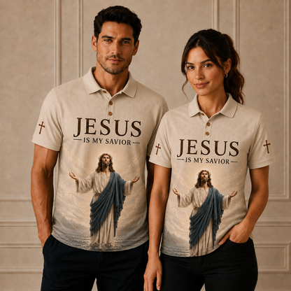 Jesus Is My Savior Christian Polo Shirt, Religious Faith Shirt with Jesus Artwork and Cross Design