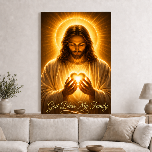 God Bless My Family Jesus Wall Art, Christian Faith Canvas