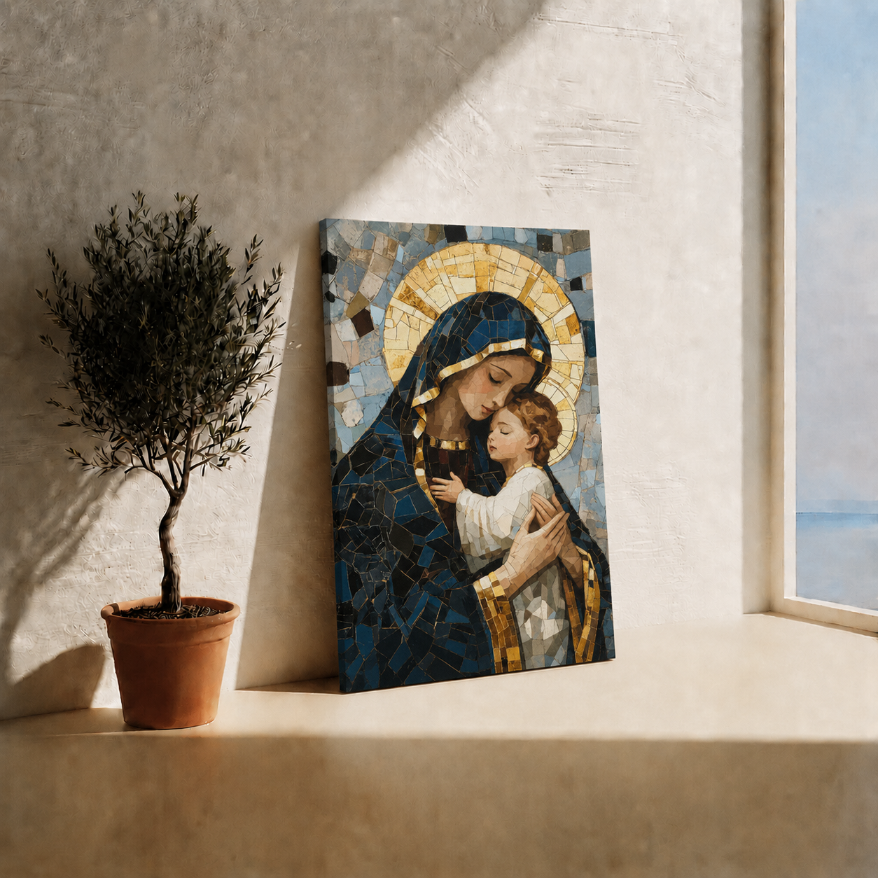 Virgin Mary And Baby Jesus Mosaic Christian Wall Art Poster/Canvas