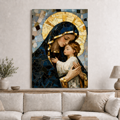Virgin Mary And Baby Jesus Mosaic Christian Wall Art Poster/Canvas