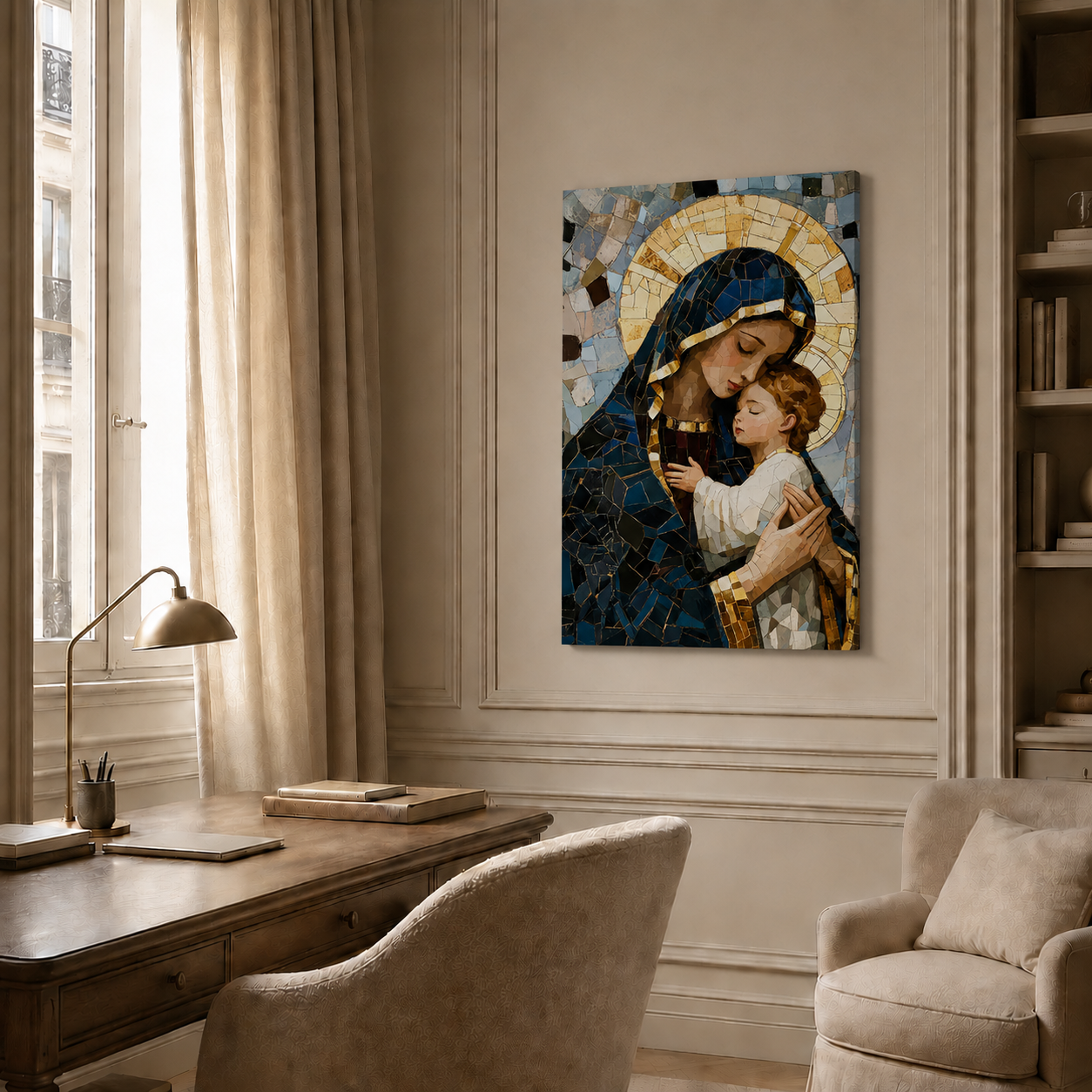Virgin Mary And Baby Jesus Mosaic Christian Wall Art Poster/Canvas