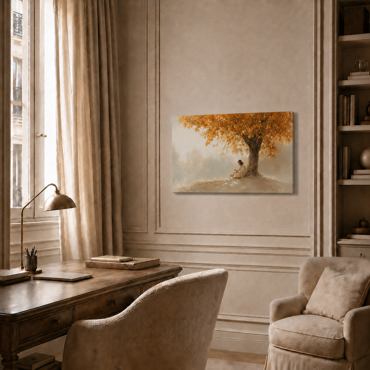 Jesus Under Autumn Tree Wall Art, Christian Peaceful Faith Poster/Canvas