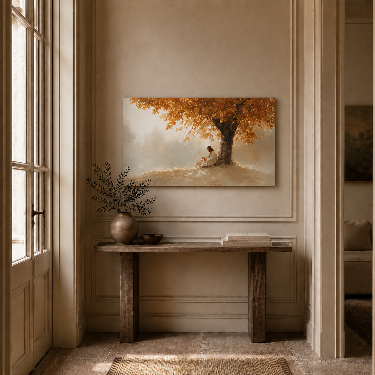 Jesus Under Autumn Tree Wall Art, Christian Peaceful Faith Poster/Canvas