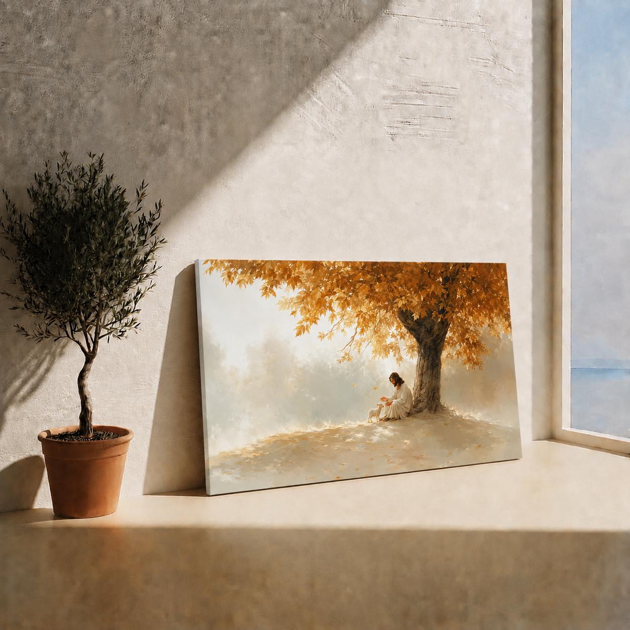 Jesus Under Autumn Tree Wall Art, Christian Peaceful Faith Poster/Canvas
