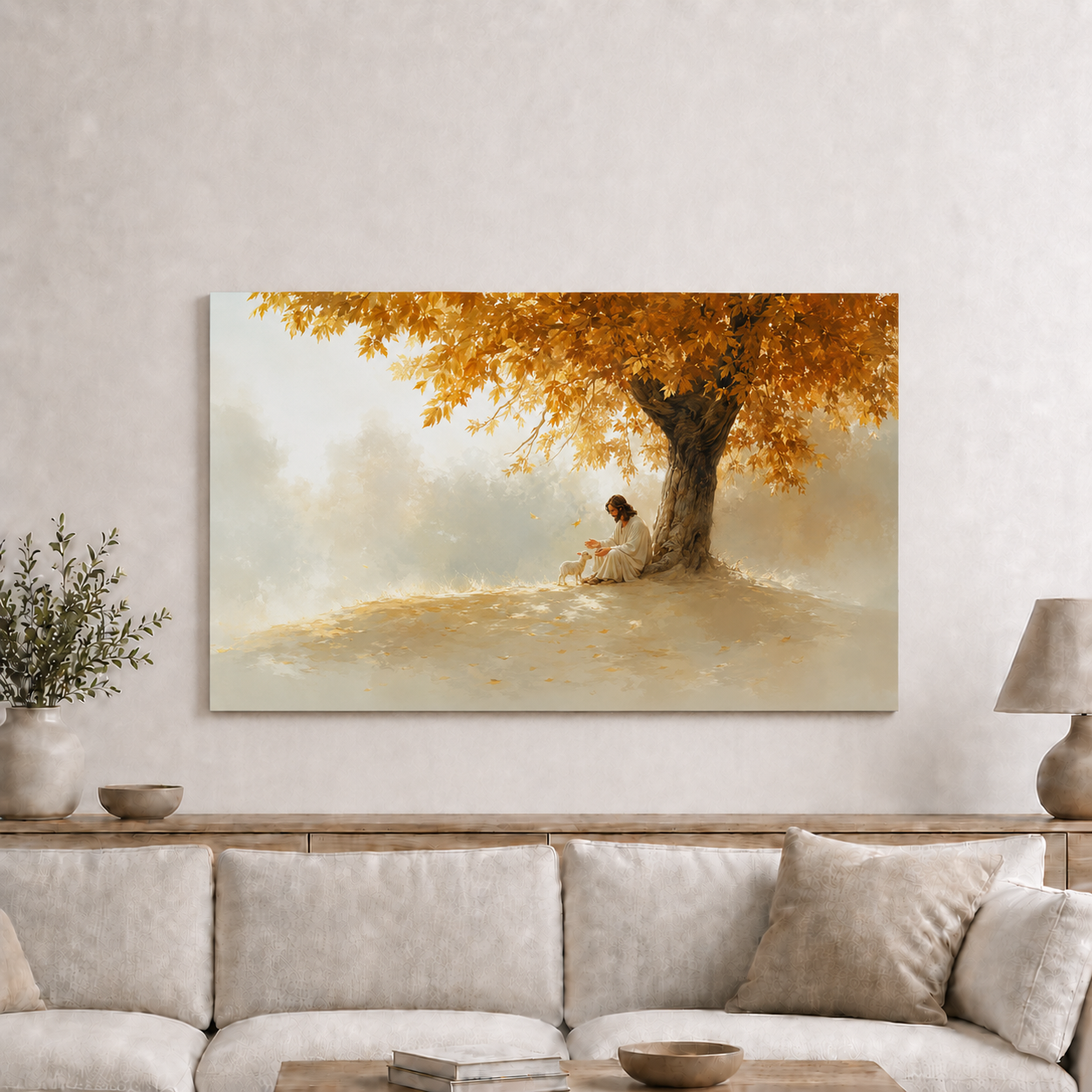 Jesus Under Autumn Tree Wall Art, Christian Peaceful Faith Poster/Canvas